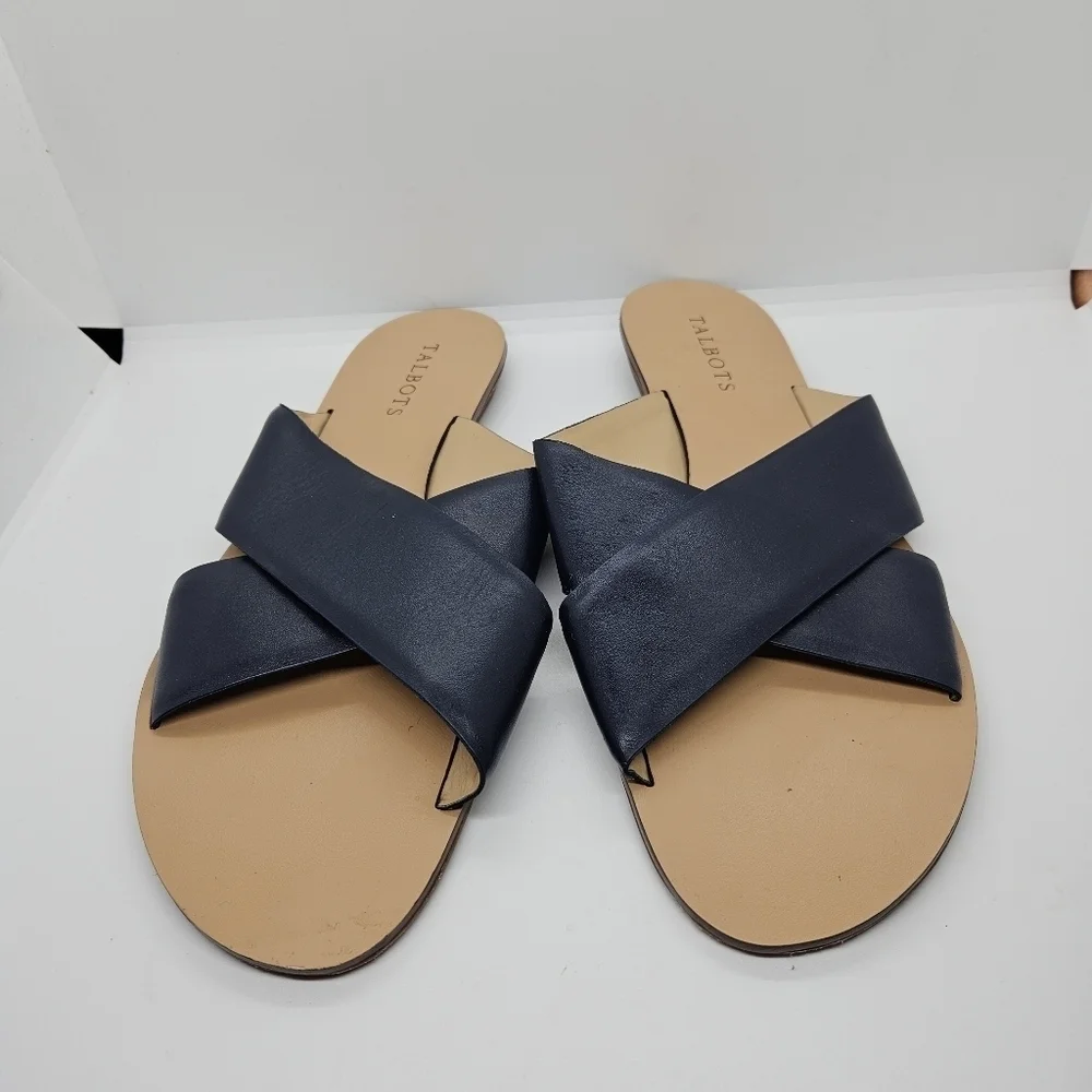 Talbots navy leather cross-strap slide sandals size 10M